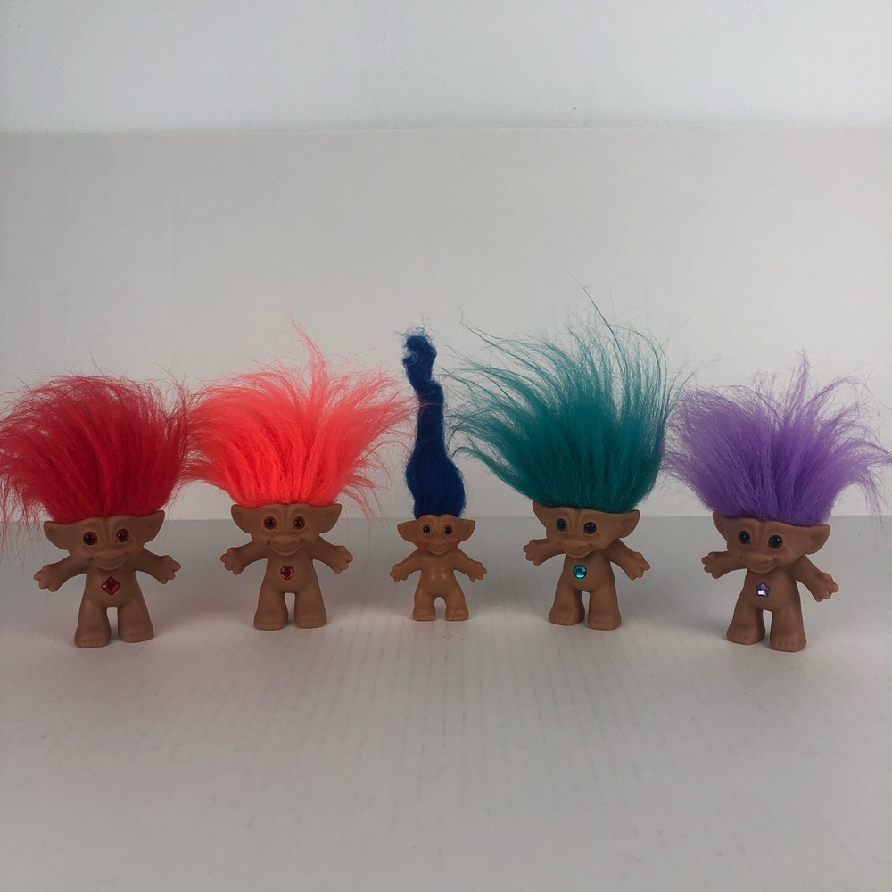 Vintage TREASURE TROLL Dolls Lot of 4 Ace Novelty Belly Gem, 1 Mini Troll